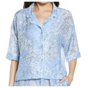 Papinelle Cherry Blossom Pajama Top Womens M Cornflower Blue Cotton Silk Boxy